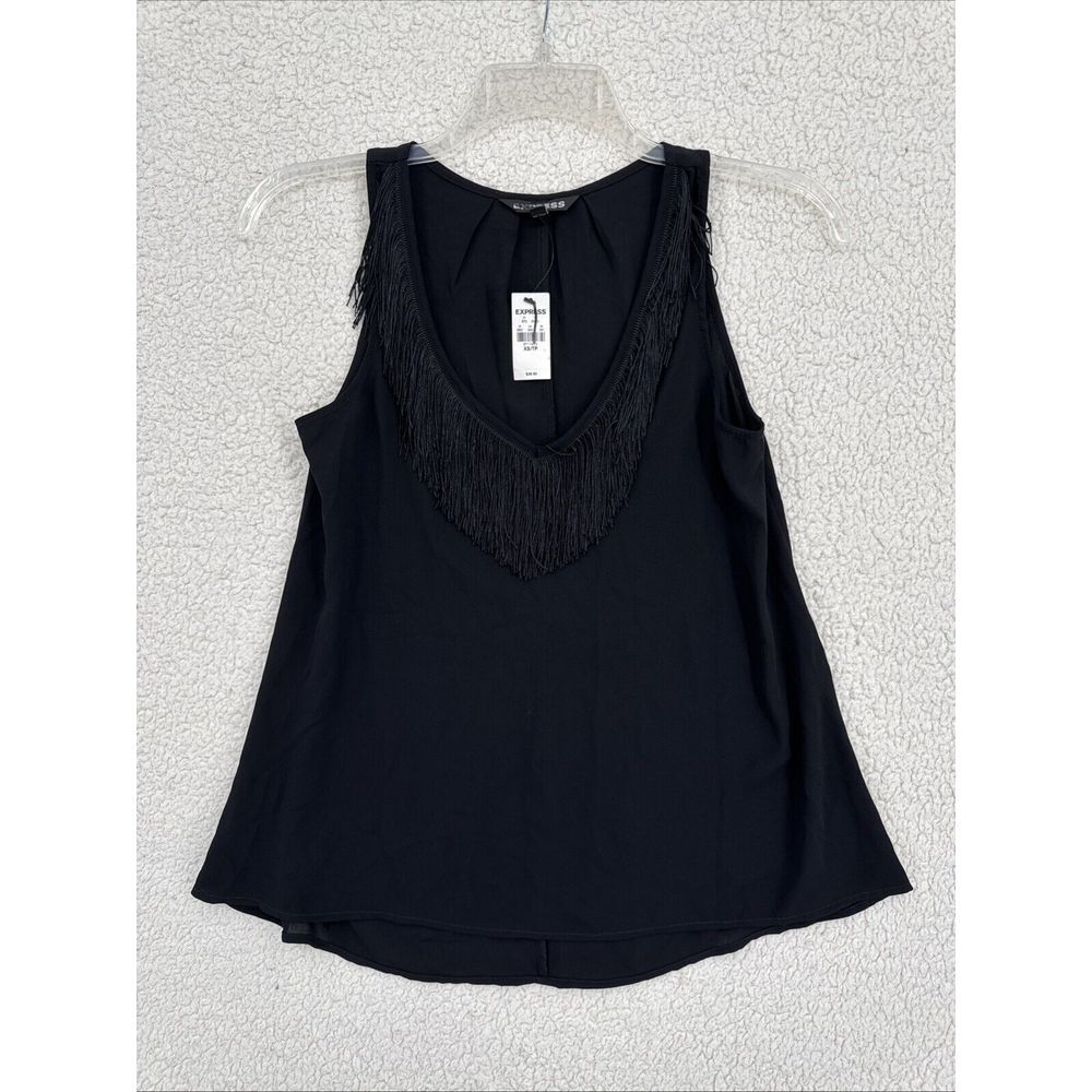 Express‎ Tank Top Women Size XS Black Sheer Fringe Hi Low Flowy Pullover V Neck
